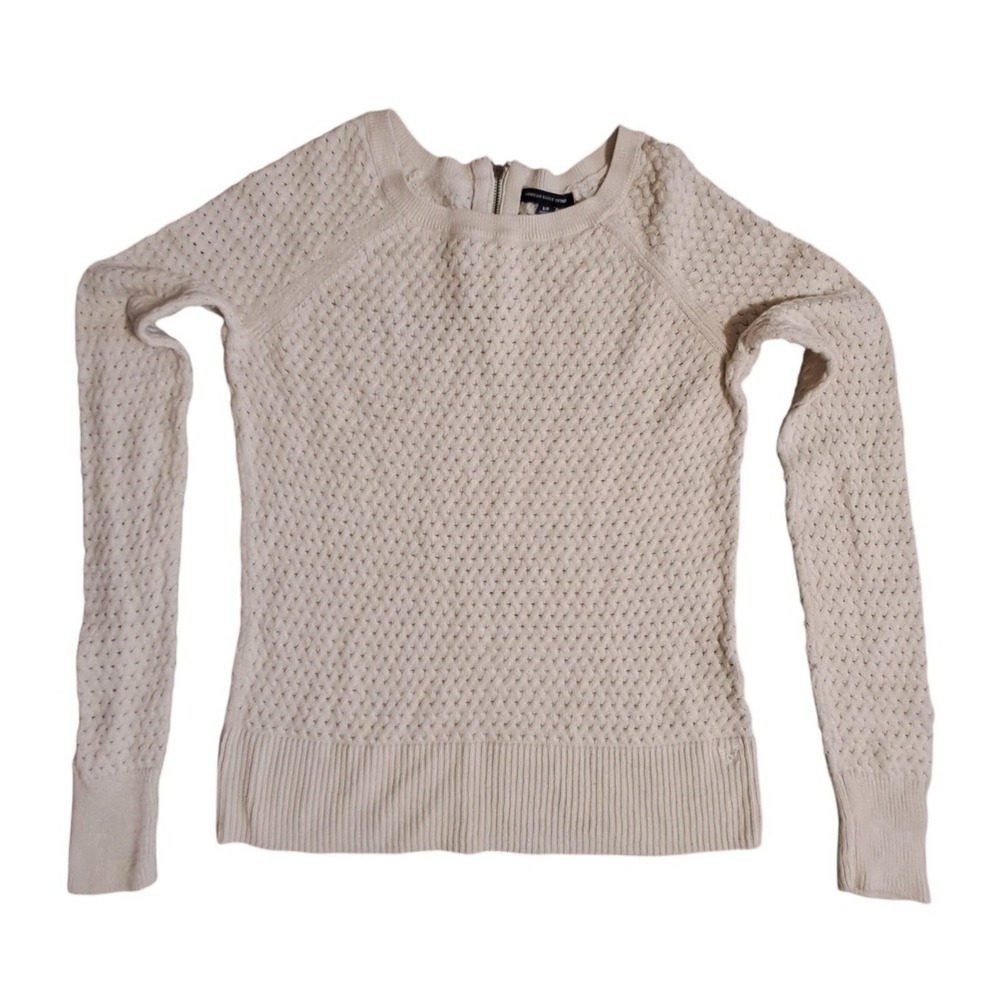 American Eagle Womens Cream Pointelle Knit Back Zip Pullover Sweater Small Ivory